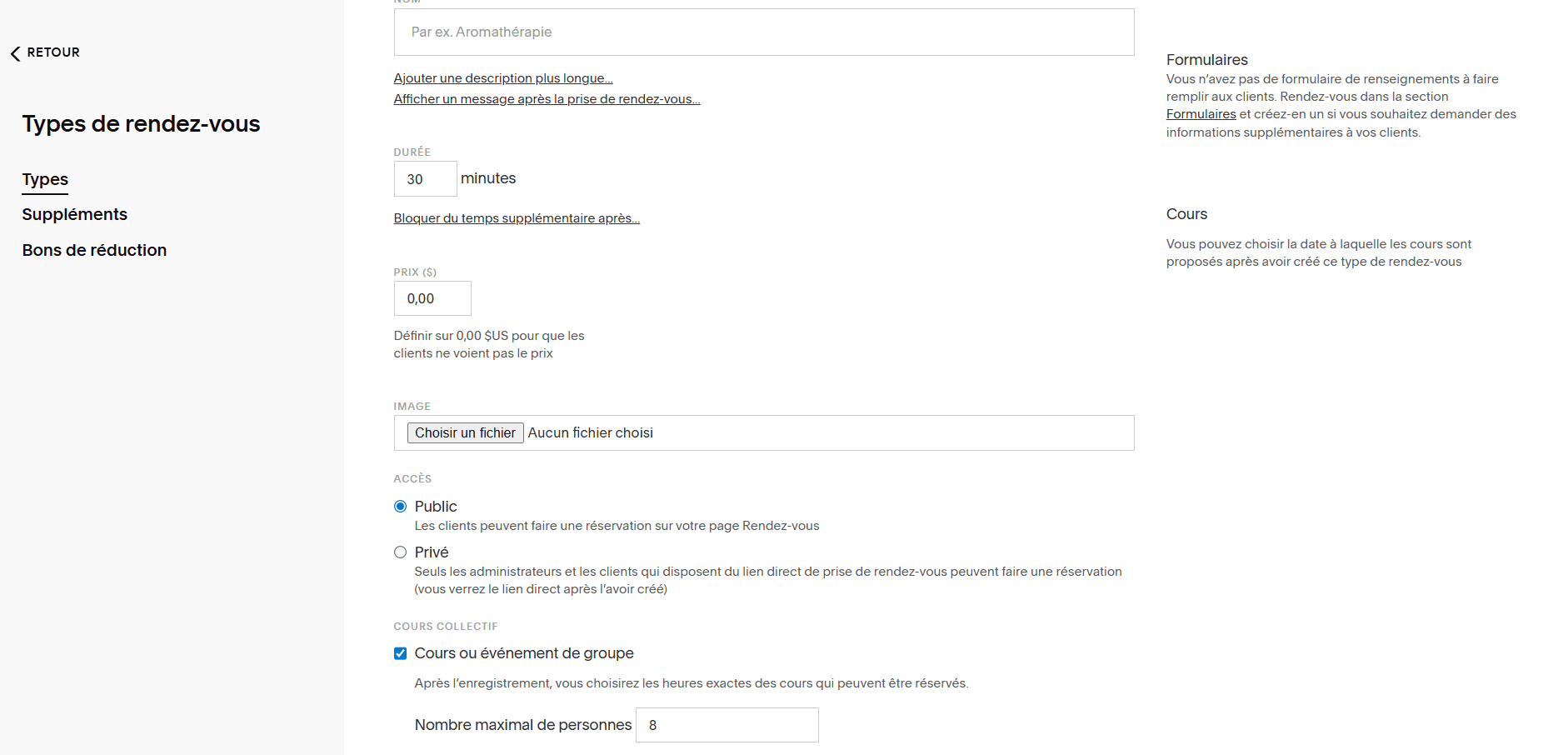 Acuity group appointment settings showing participant limit and no program fields below