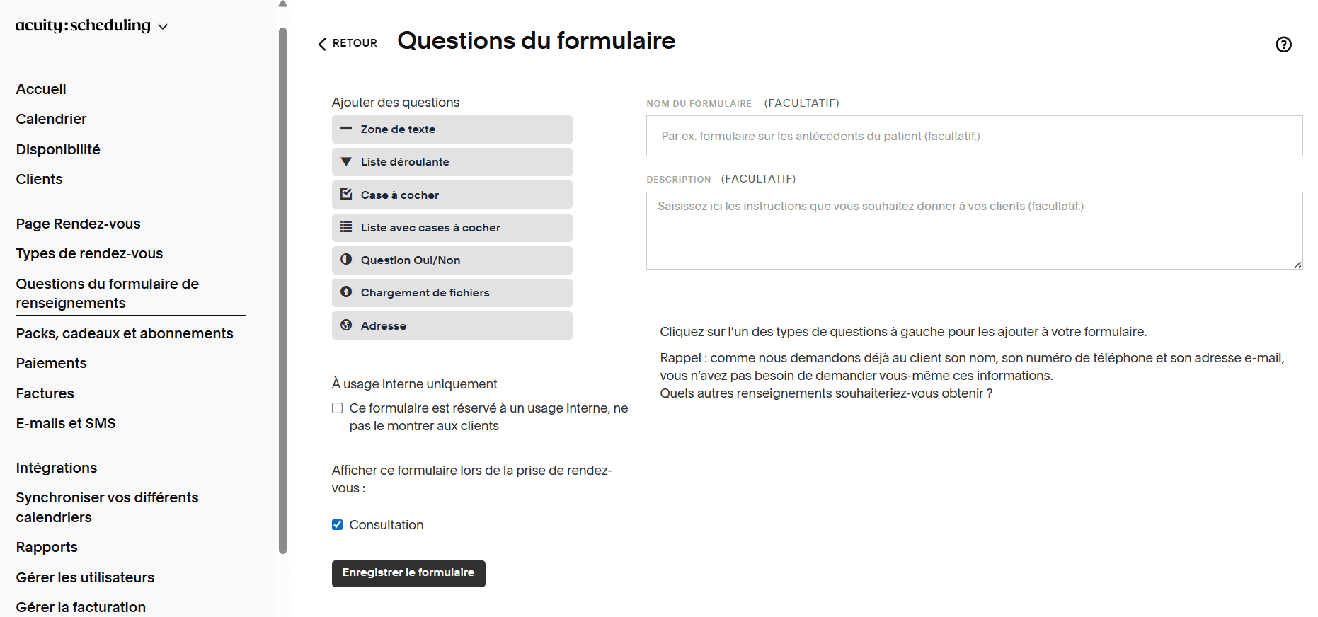 Acuity intake form builder with fields and options
