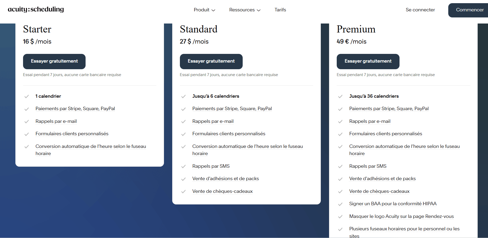 Acuity Scheduling pricing table showing Starter, Standard, and Premium tiers