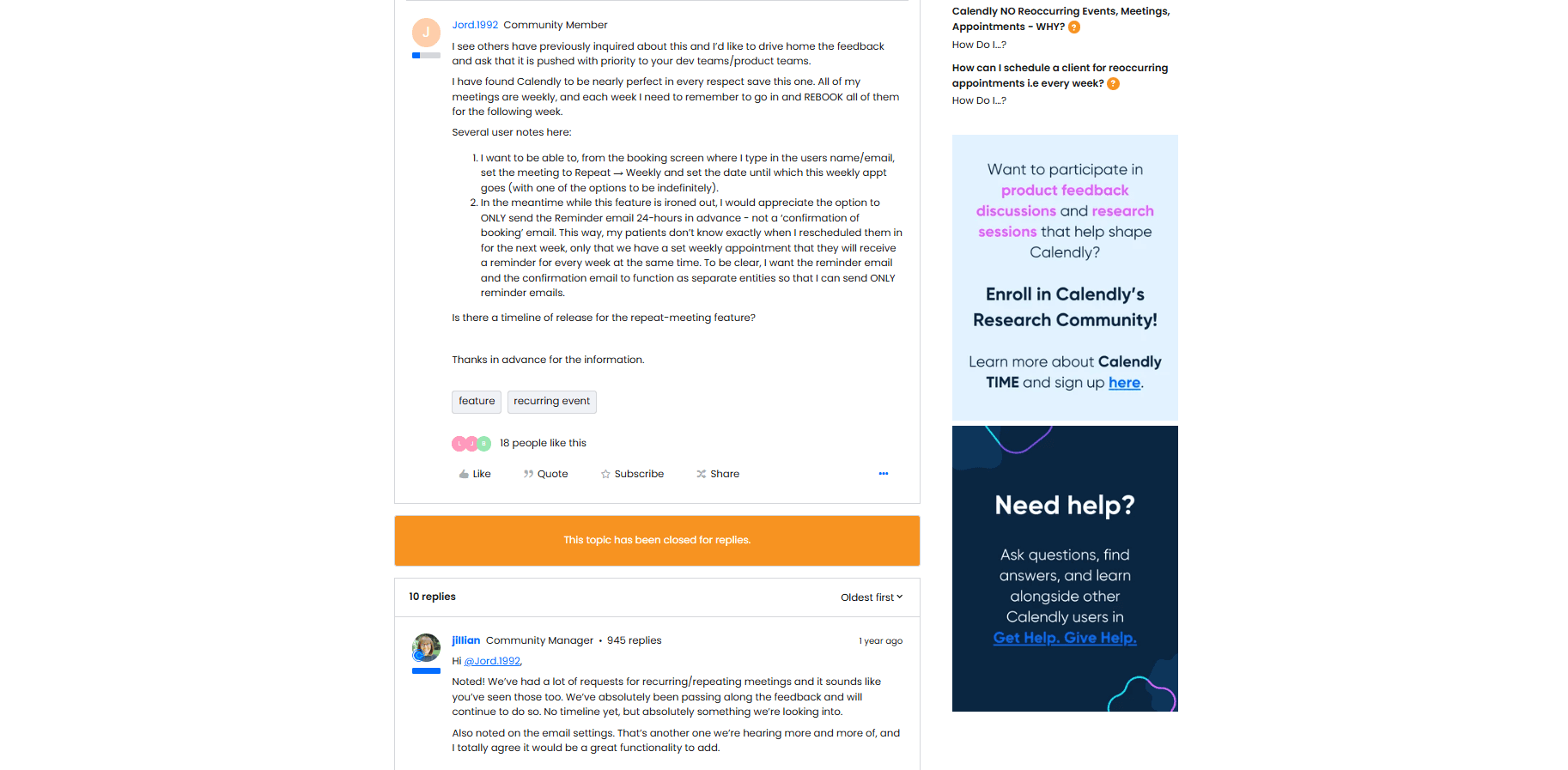 Calendly community forum thread: user asks for recurring weekly meetings; Community Manager replies no timeline yet